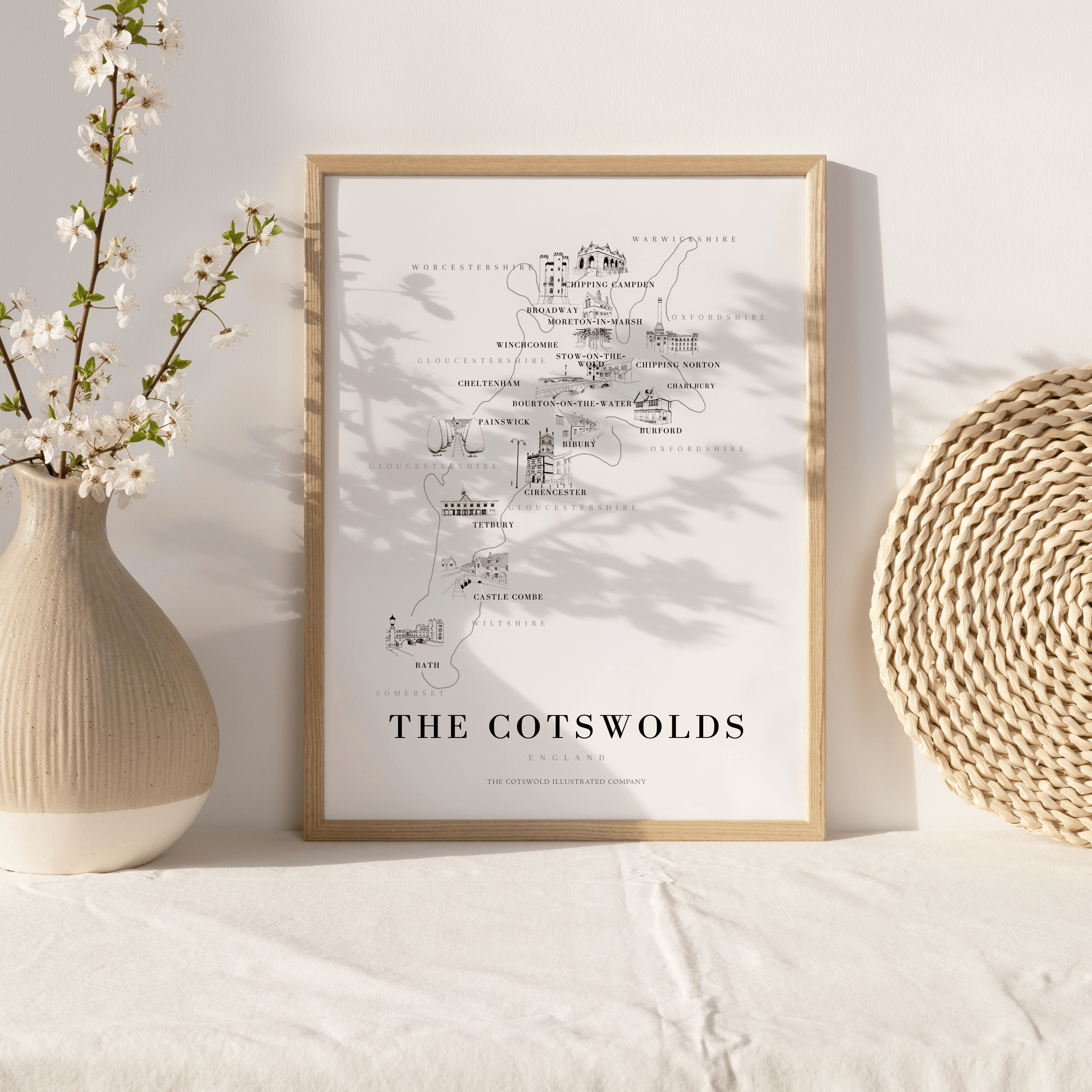 Cotswold Hand-illustrated Pen and Ink Map Print A3/A4/A5 Unframed Wall Art - Bold
