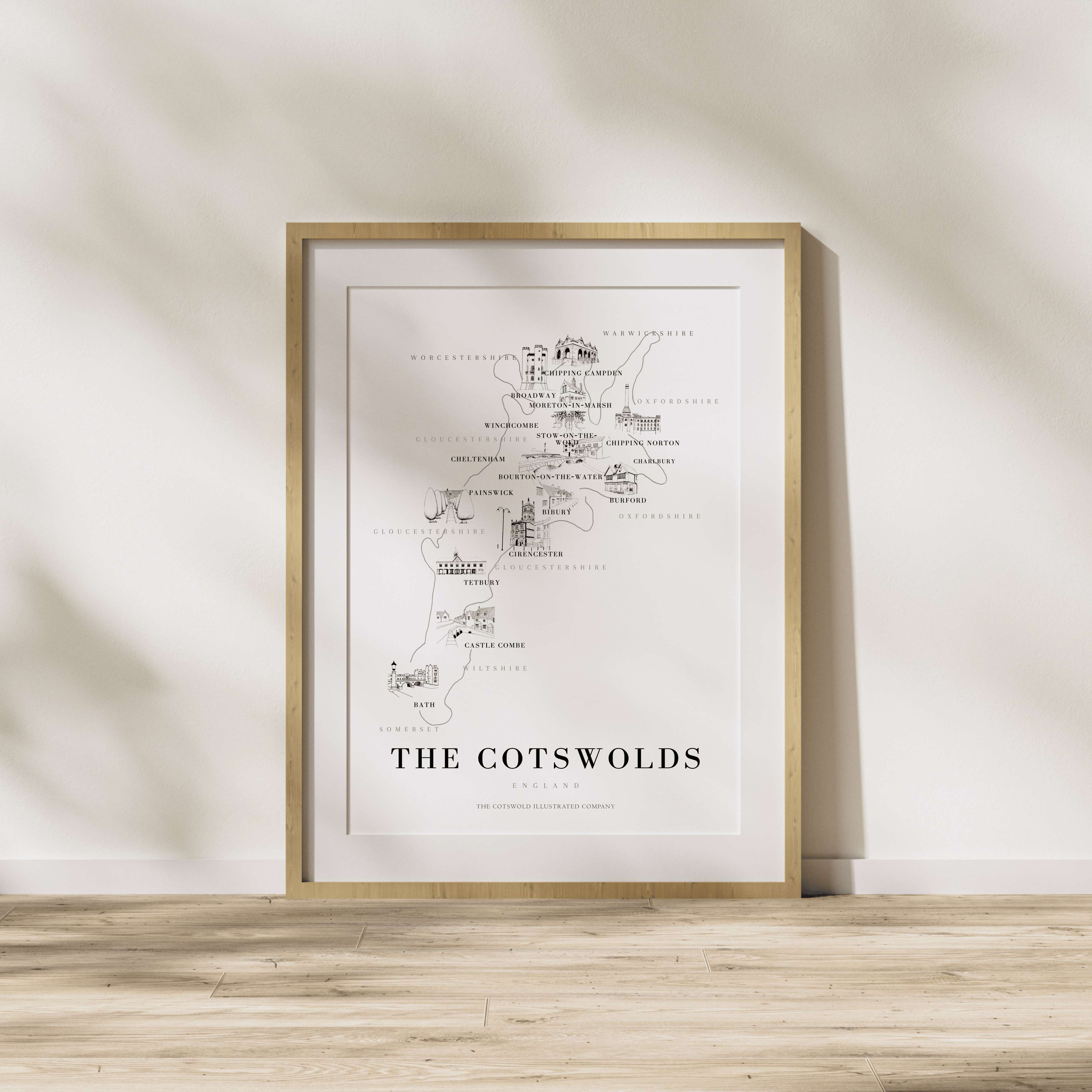 Cotswold Hand-illustrated Pen and Ink Map Print A3/A4/A5 Unframed Wall Art - Bold