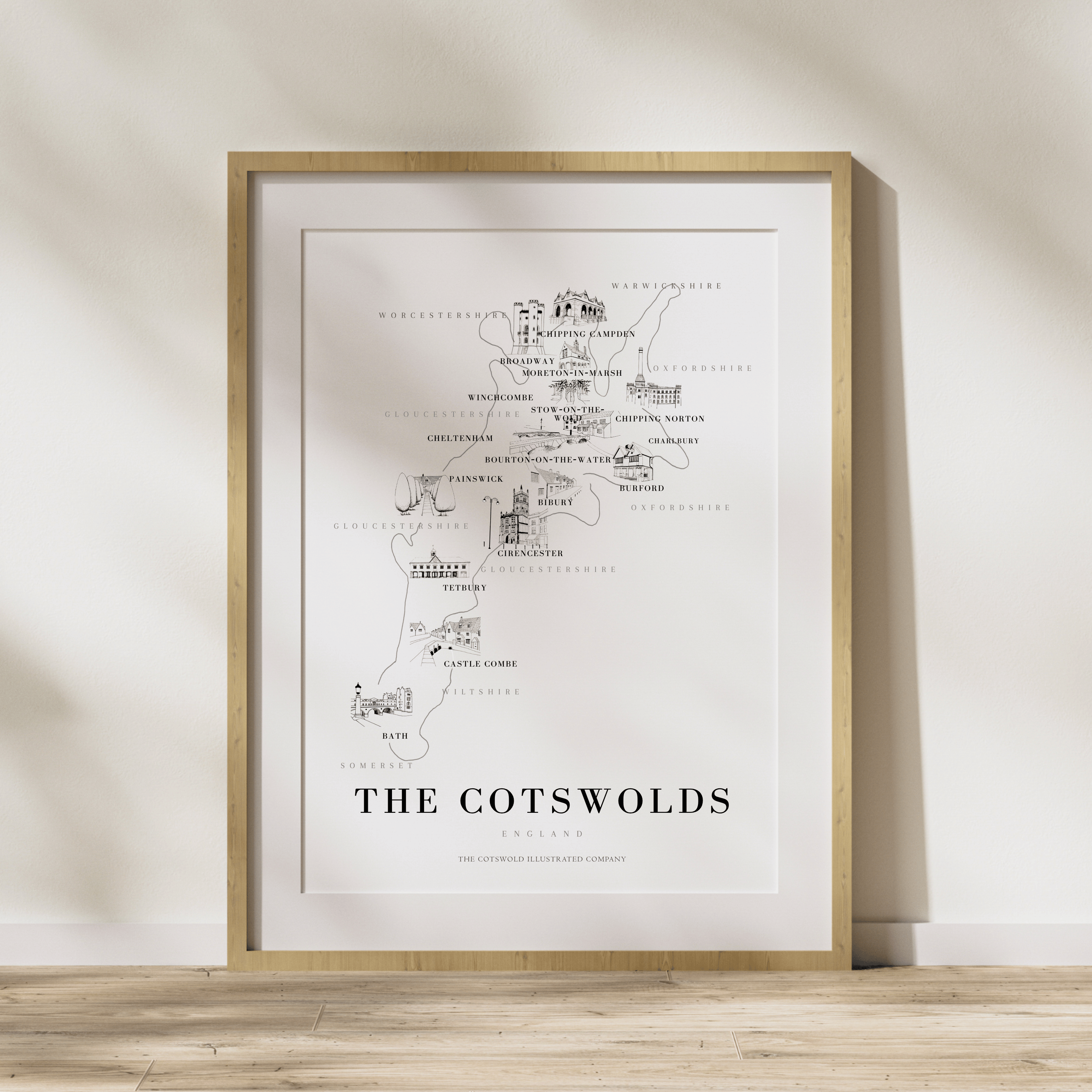 Cotswold Hand-illustrated Pen and Ink Map Print A3/A4/A5 Unframed Wall Art - Bold