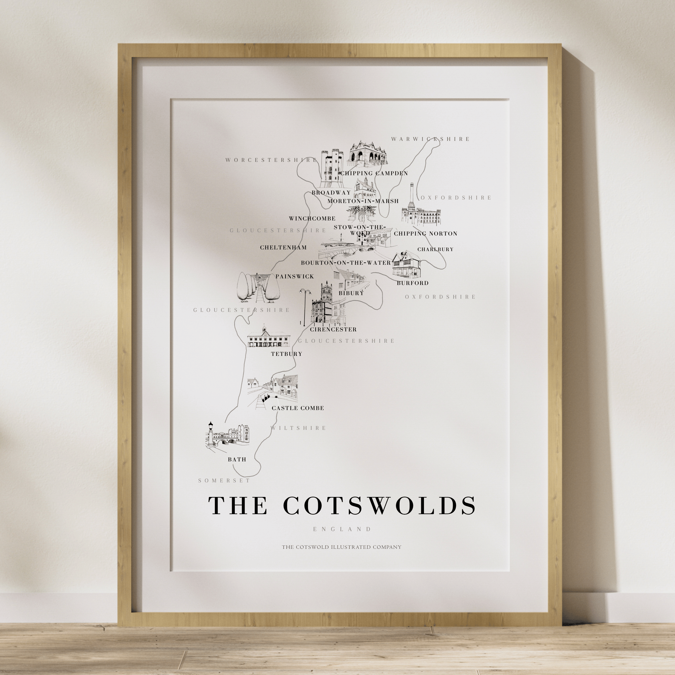 Cotswold Hand-illustrated Pen and Ink Map Print A3/A4/A5 Unframed Wall Art - Bold