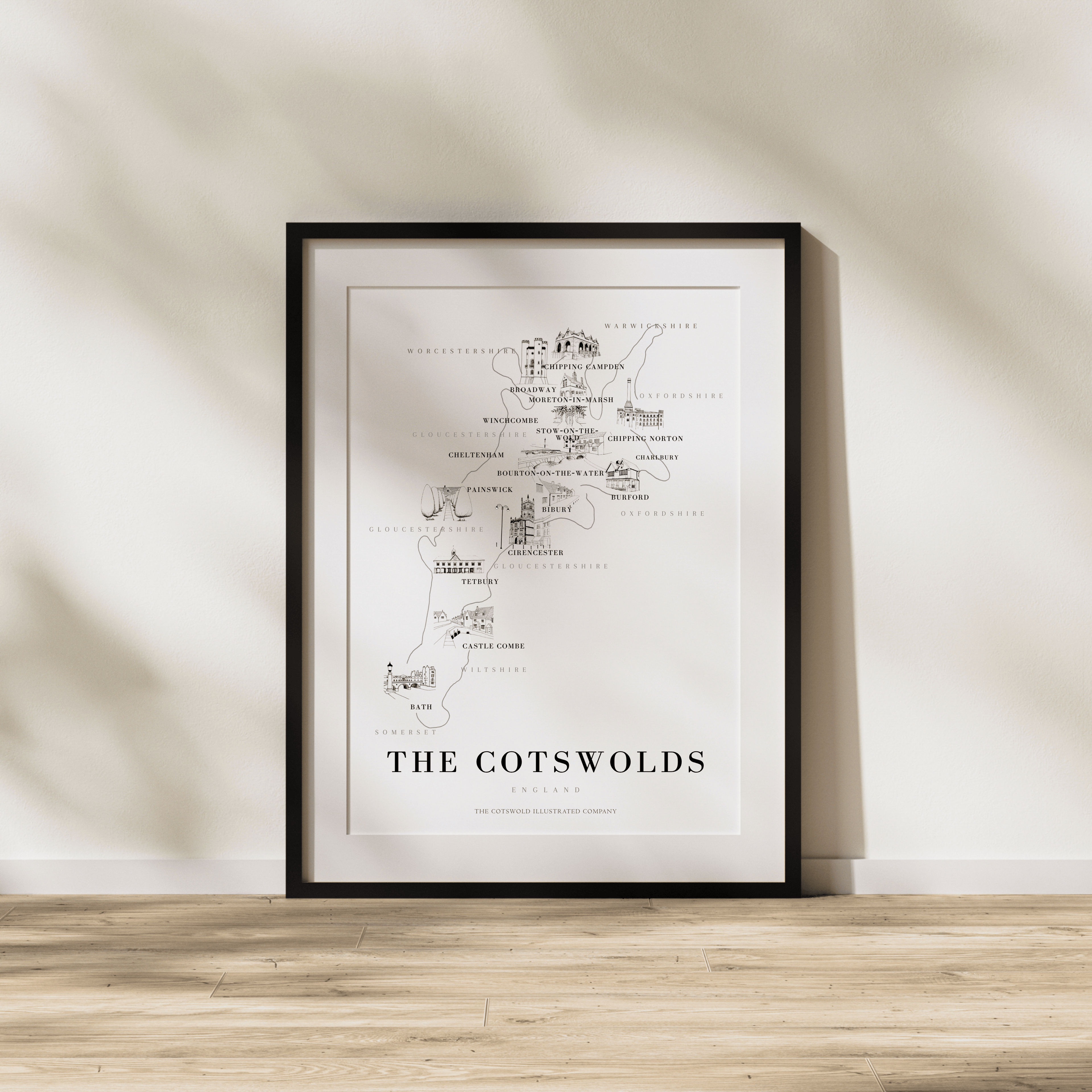 Cotswold Hand-illustrated Pen and Ink Map Print A3/A4/A5 Unframed Wall Art - Bold