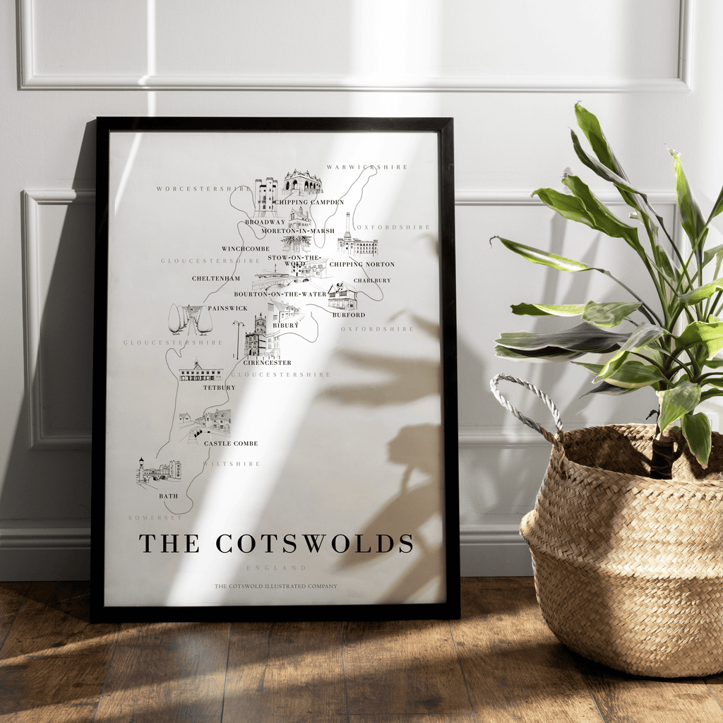 Cotswold Hand-illustrated Pen and Ink Map Print A3/A4/A5 Unframed Wall Art - Bold