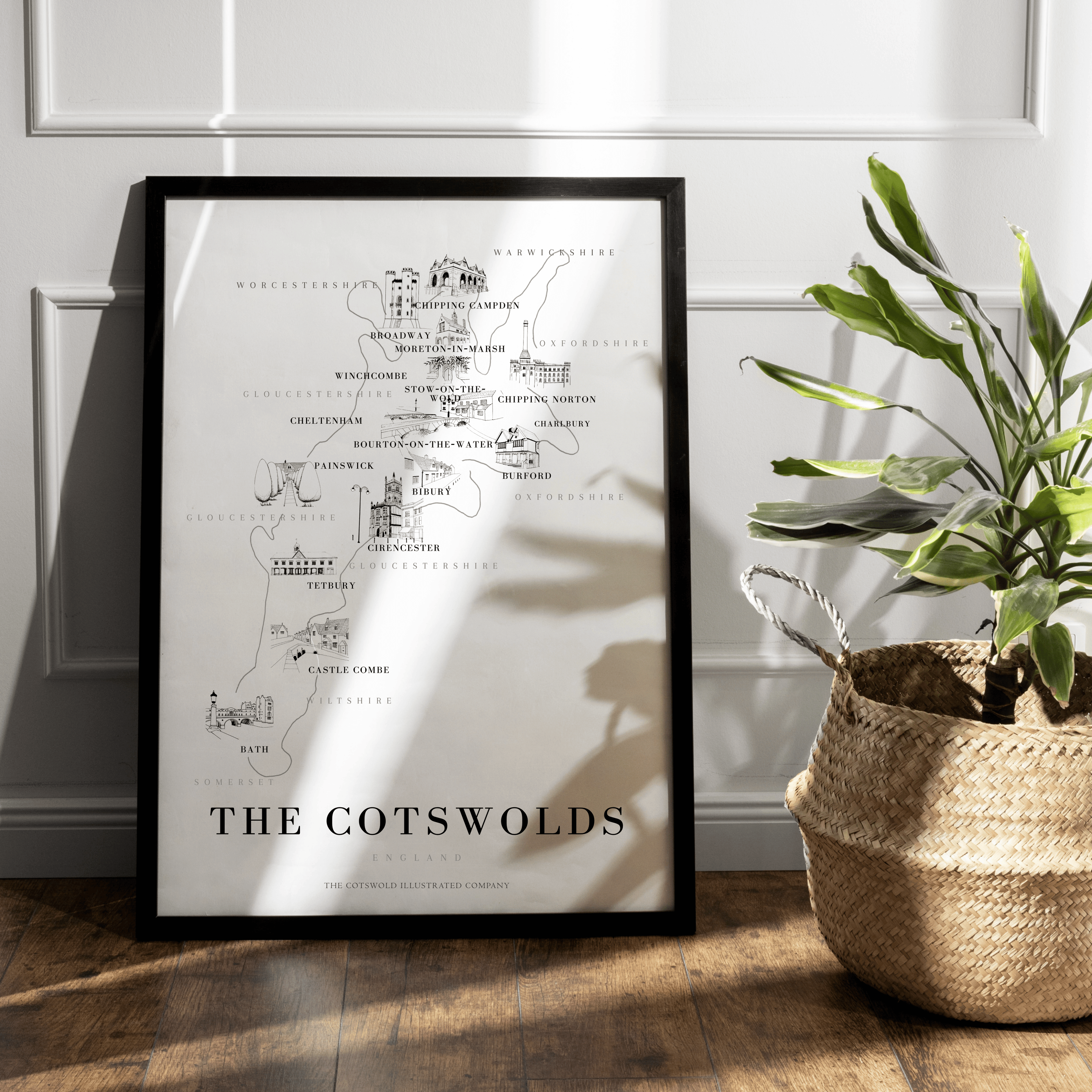 Cotswold Hand-illustrated Pen and Ink Map Print A3/A4/A5 Unframed Wall Art - Bold