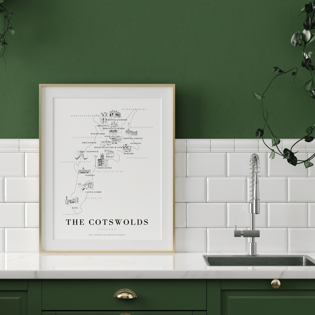 Cotswold Hand-illustrated Pen and Ink Map Print A3/A4/A5 Unframed Wall Art - Bold