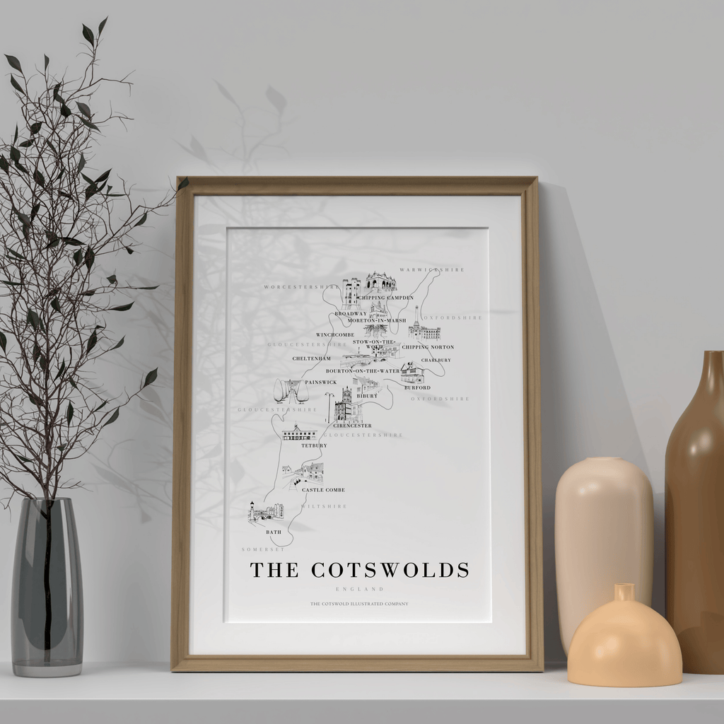 Cotswold Hand-illustrated Pen and Ink Map Print A3/A4/A5 Unframed Wall Art - Bold