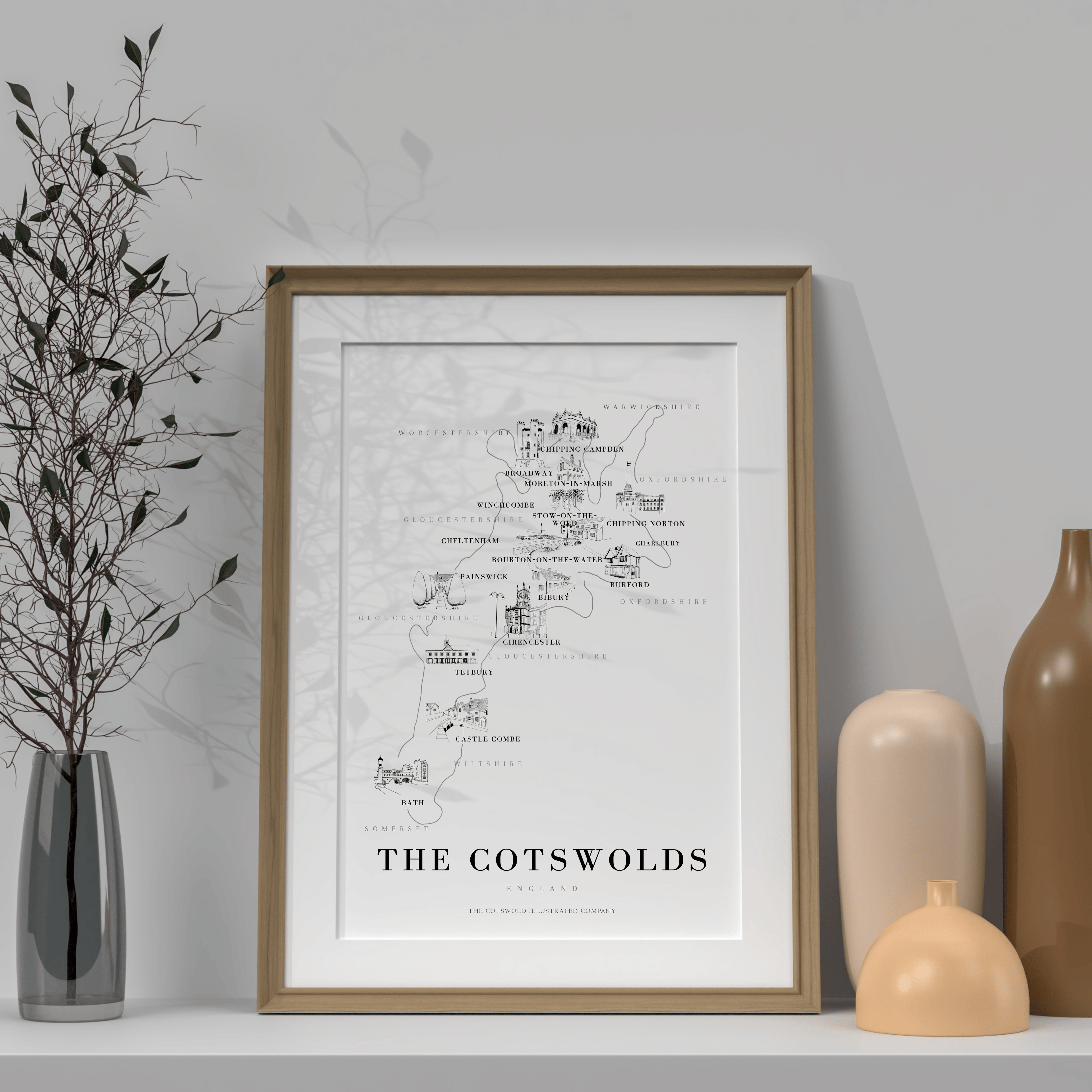 Cotswold Hand-illustrated Pen and Ink Map Print A3/A4/A5 Unframed Wall Art - Bold