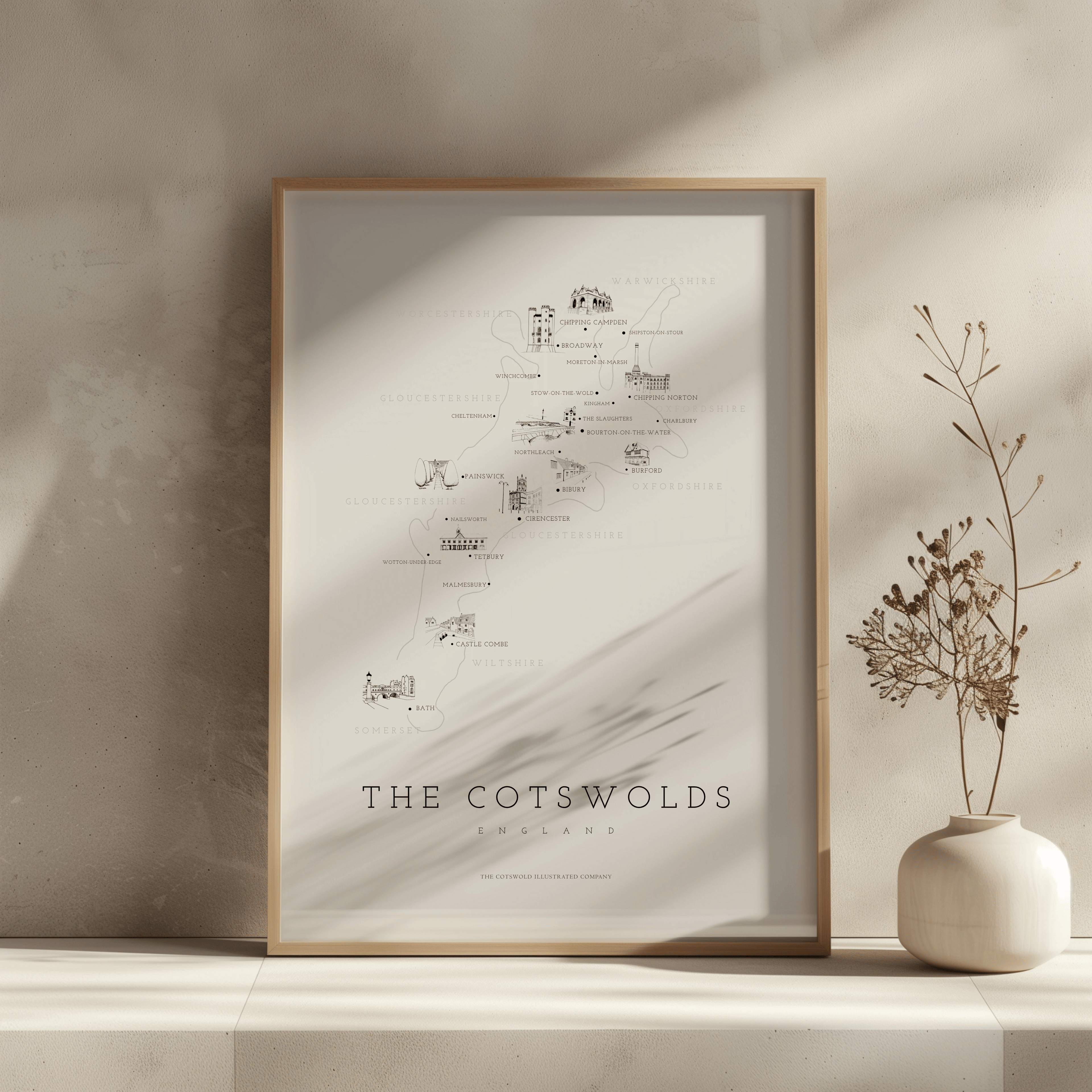Cotswold Hand-illustrated Pen and Ink Map Print A3/A4/A5 Unframed Wall Art - Fine