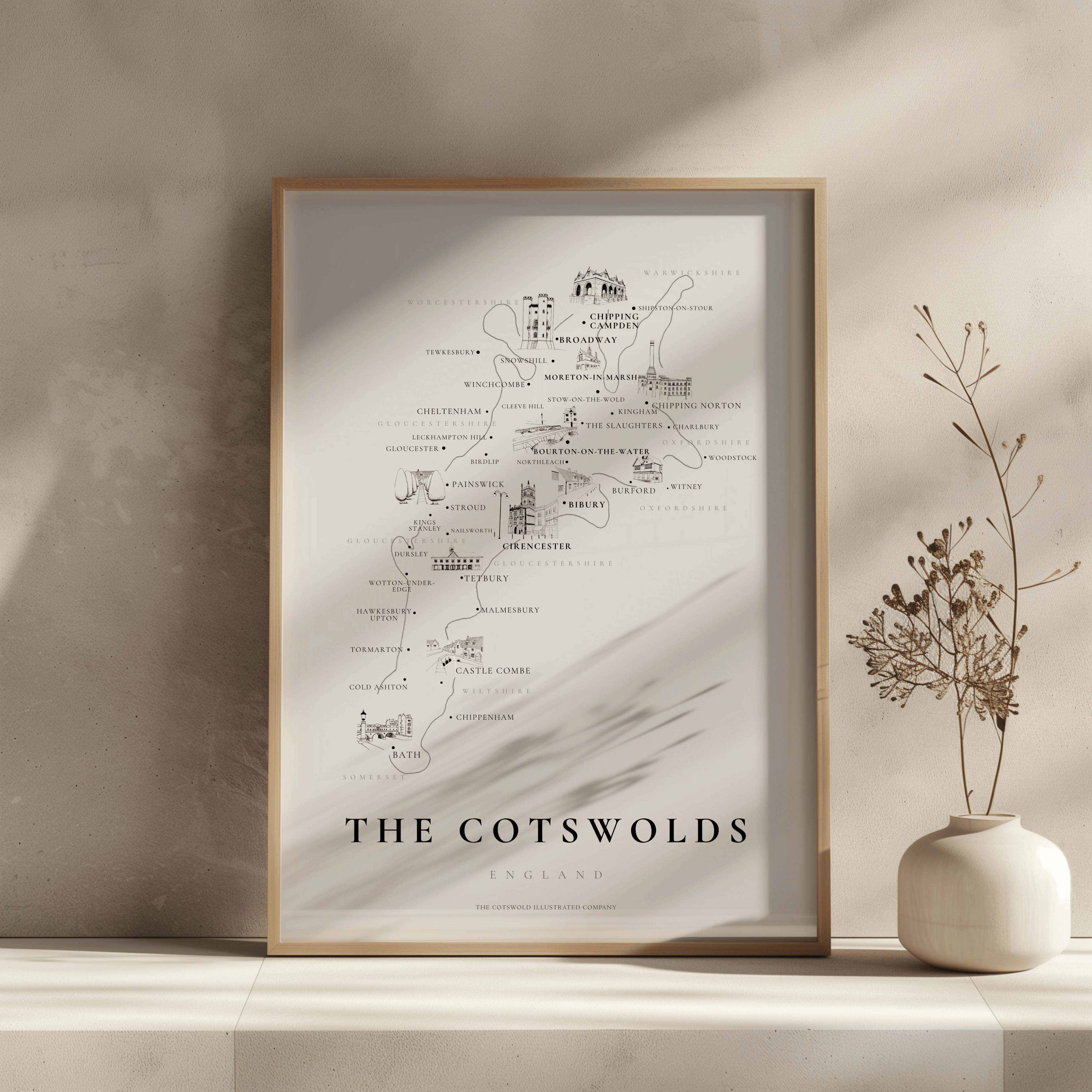 Cotswold Hand-illustrated Pen and Ink Map Print A3/A4/A5 Unframed Wall Art - Traditional