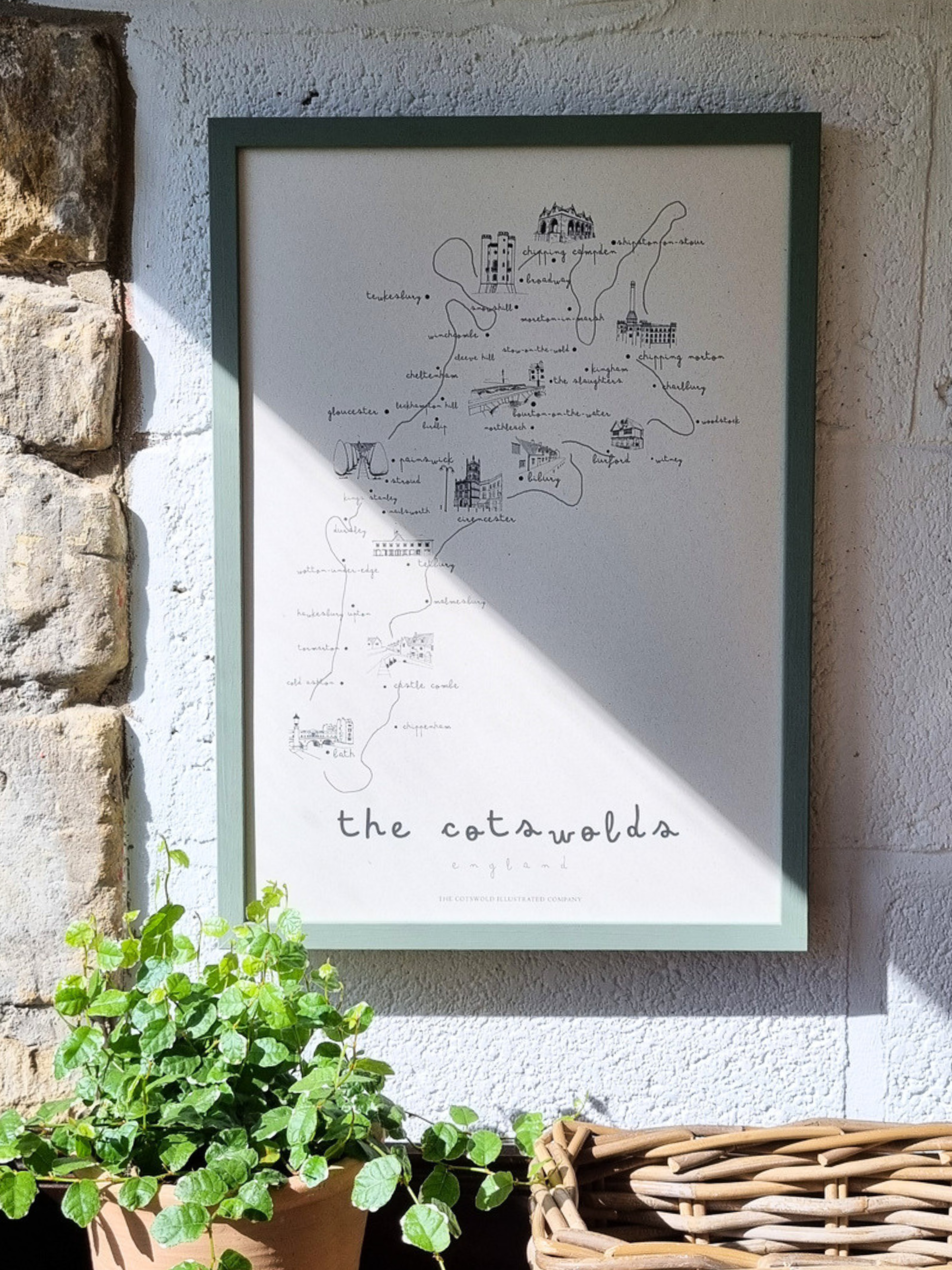 ELEGANT COTSWOLD MAP - COTSWOLD WAY - A3 FRAMED - GREEN