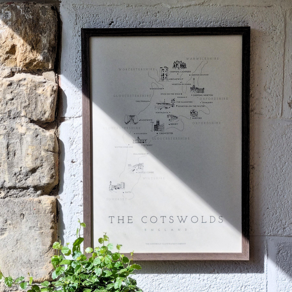 FINE COTSWOLD MAP - A3 FRAMED - BROWN