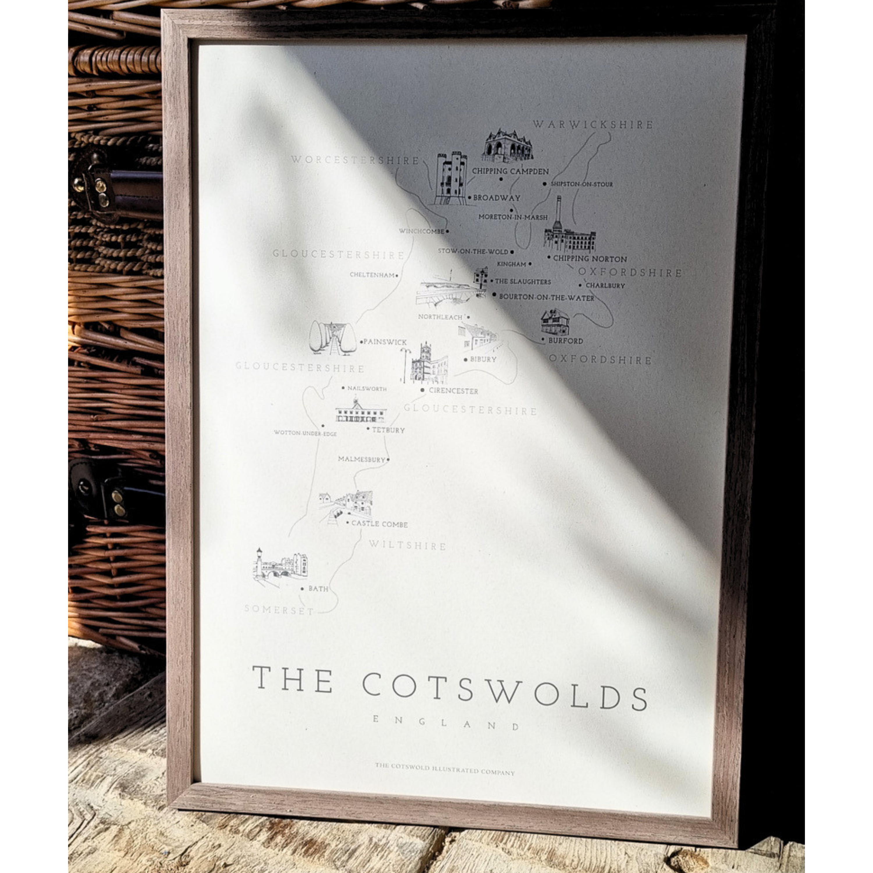 FINE COTSWOLD MAP - A3 FRAMED - BROWN