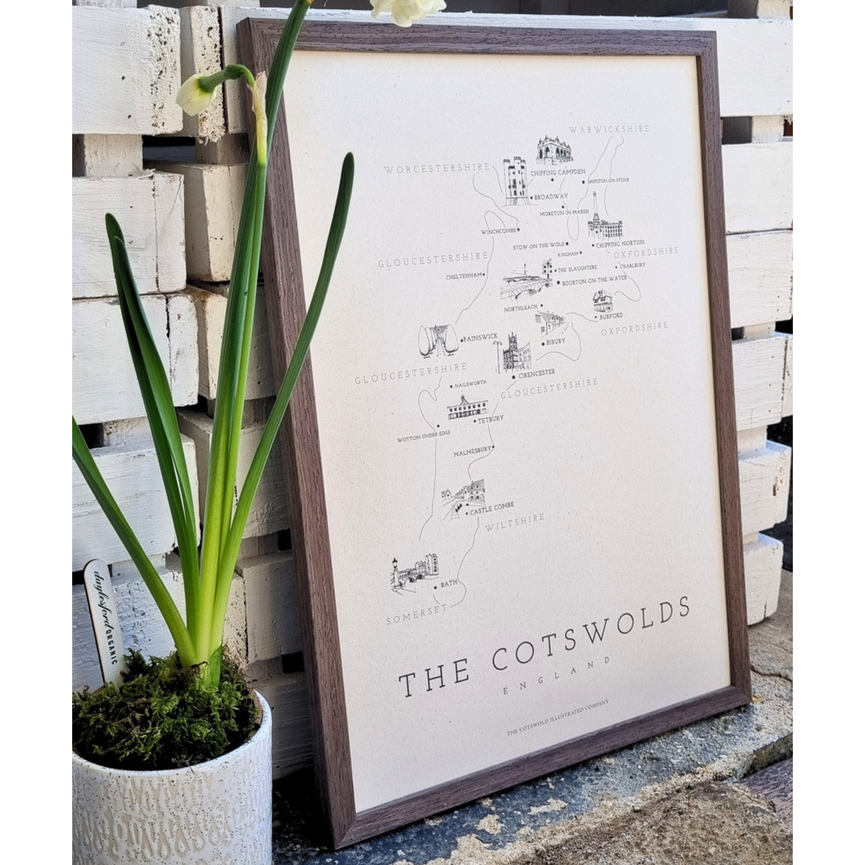 FINE COTSWOLD MAP - A3 FRAMED - BROWN