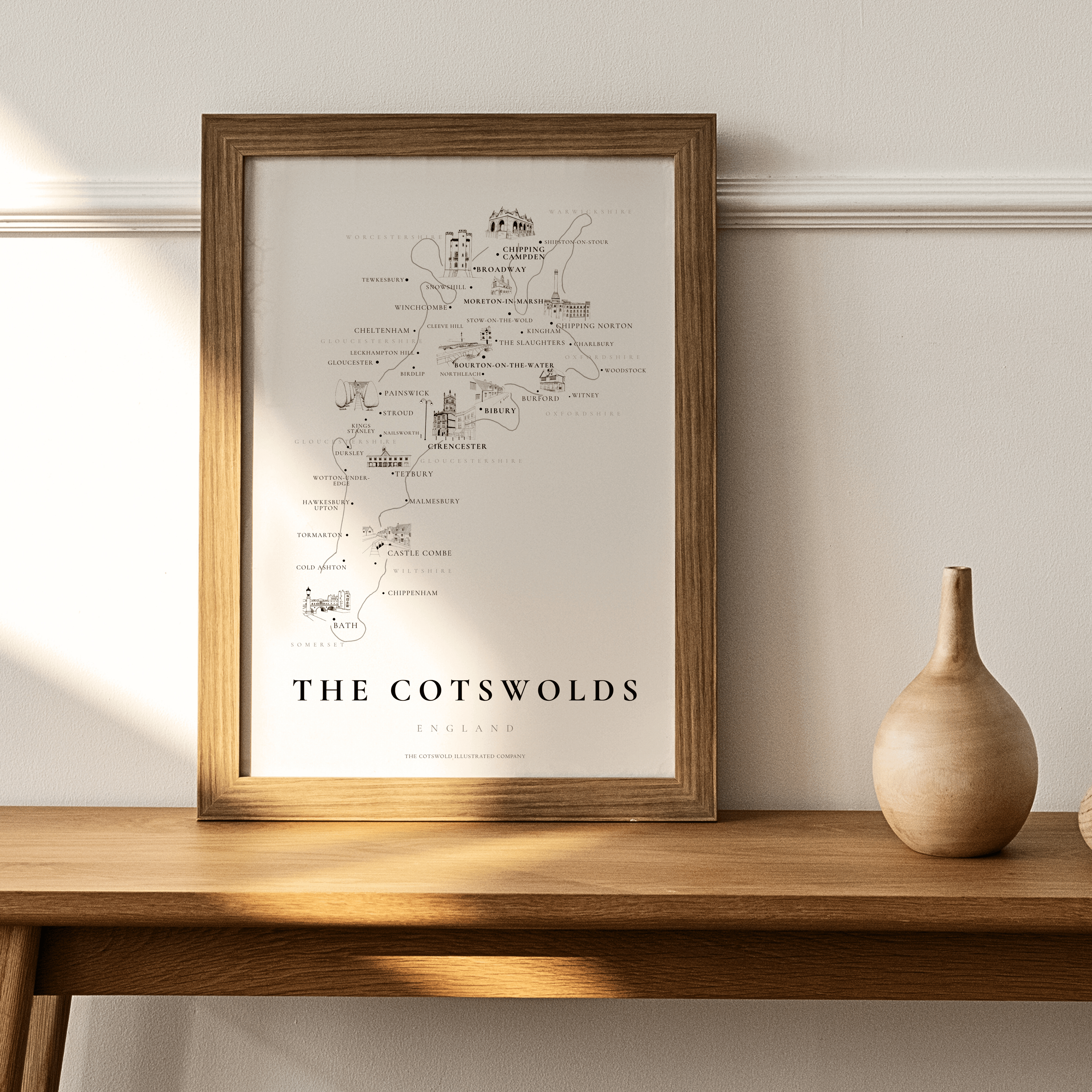 Cotswold Hand-illustrated Pen and Ink Map Print A3/A4/A5 Unframed Wall Art - Traditional