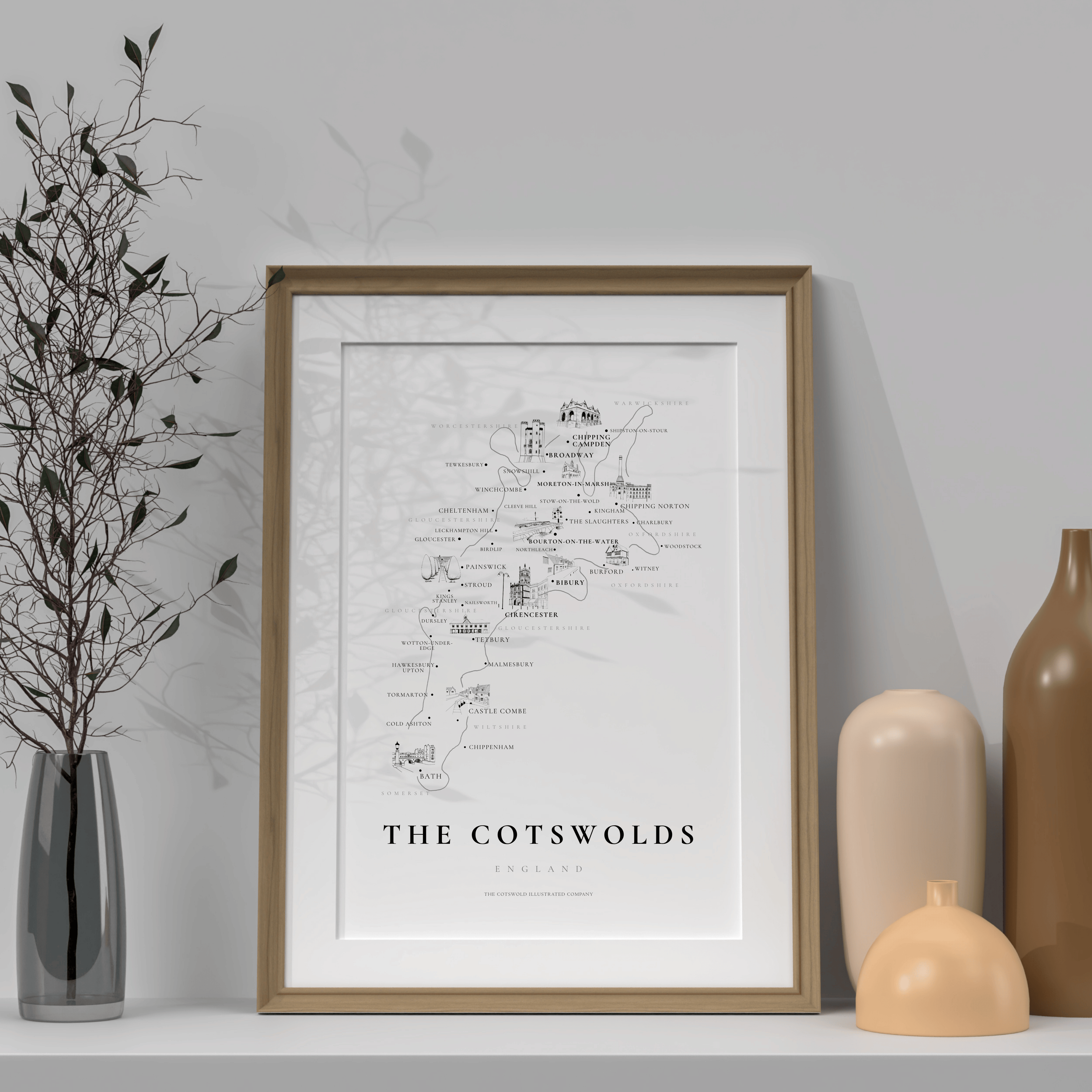 Cotswold Hand-illustrated Pen and Ink Map Print A3/A4/A5 Unframed Wall Art - Traditional