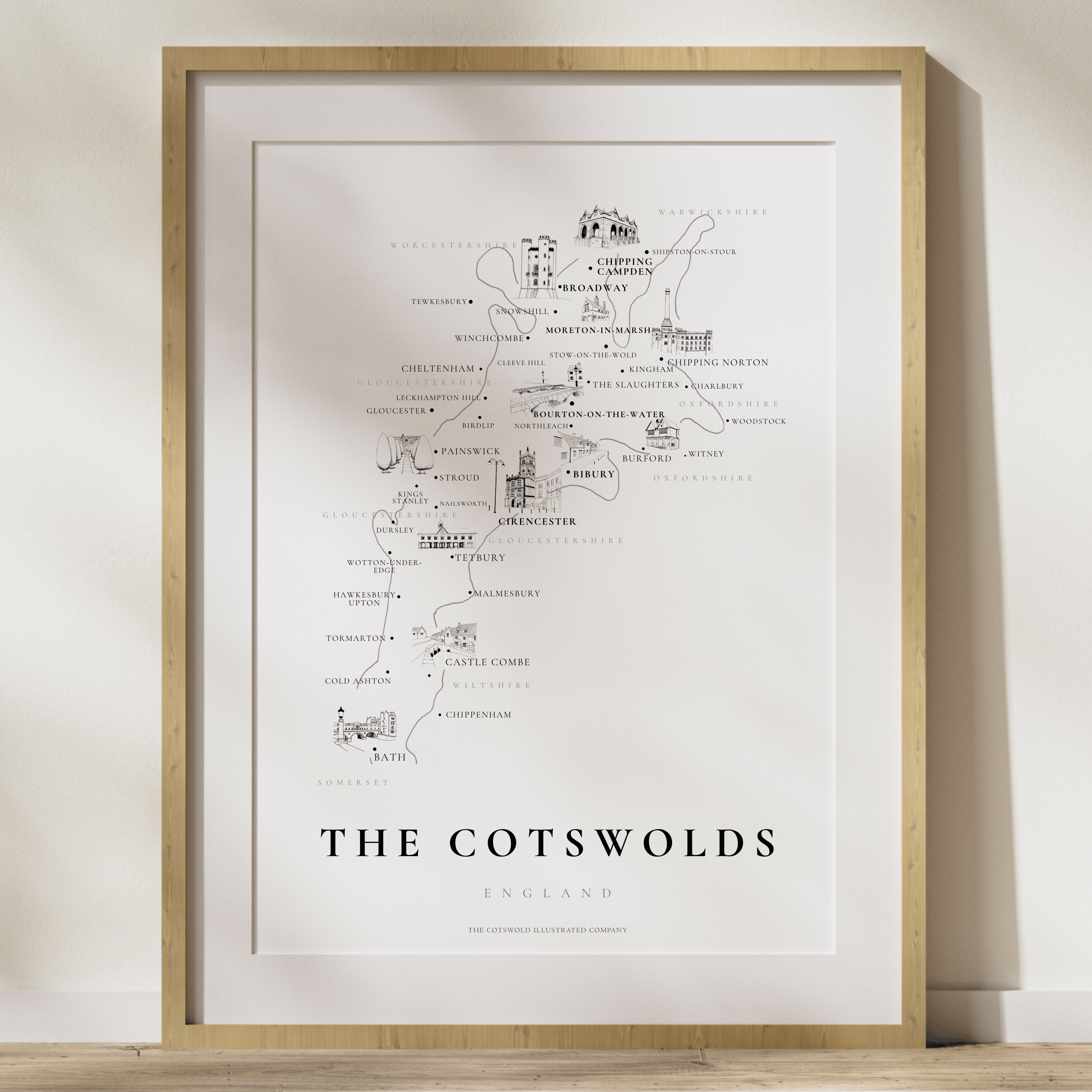Cotswold Hand-illustrated Pen and Ink Map Print A3/A4/A5 Unframed Wall Art - Traditional
