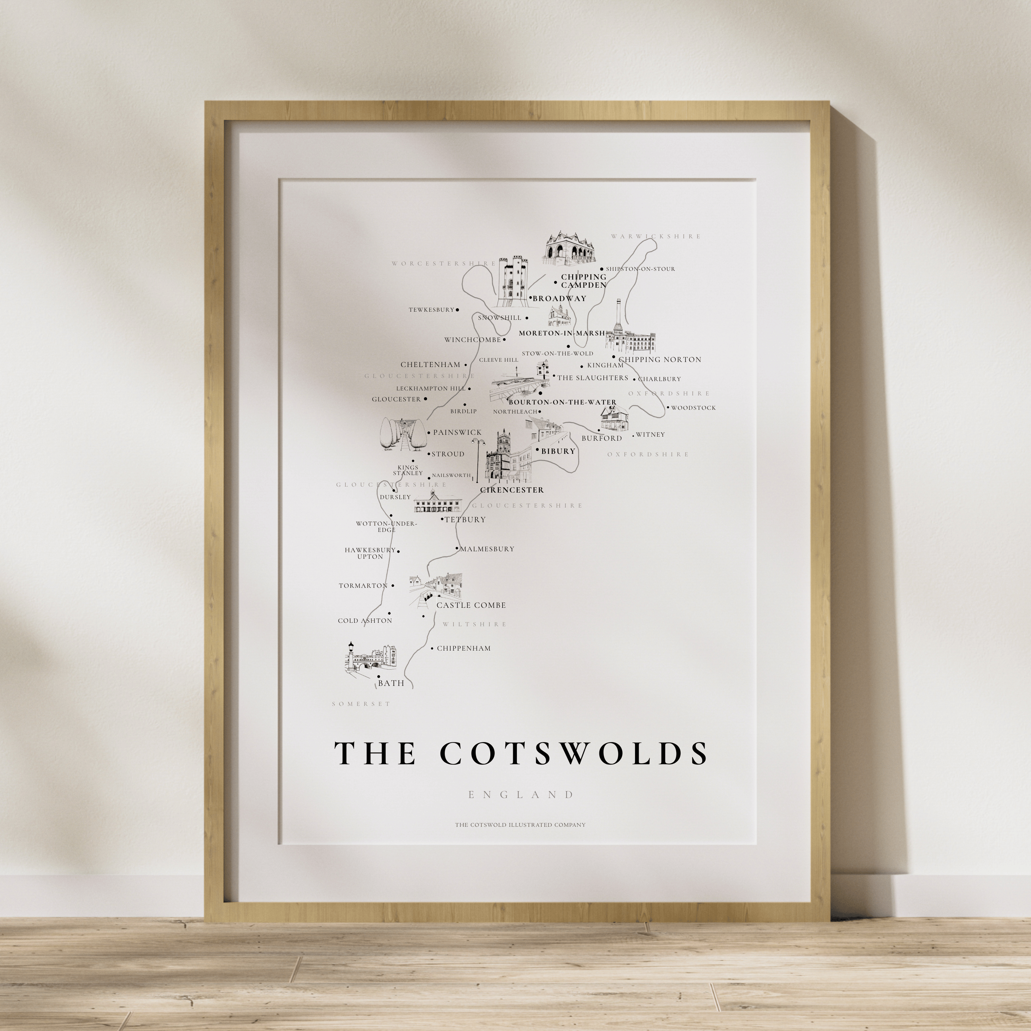 Cotswold Hand-illustrated Pen and Ink Map Print A3/A4/A5 Unframed Wall Art - Traditional
